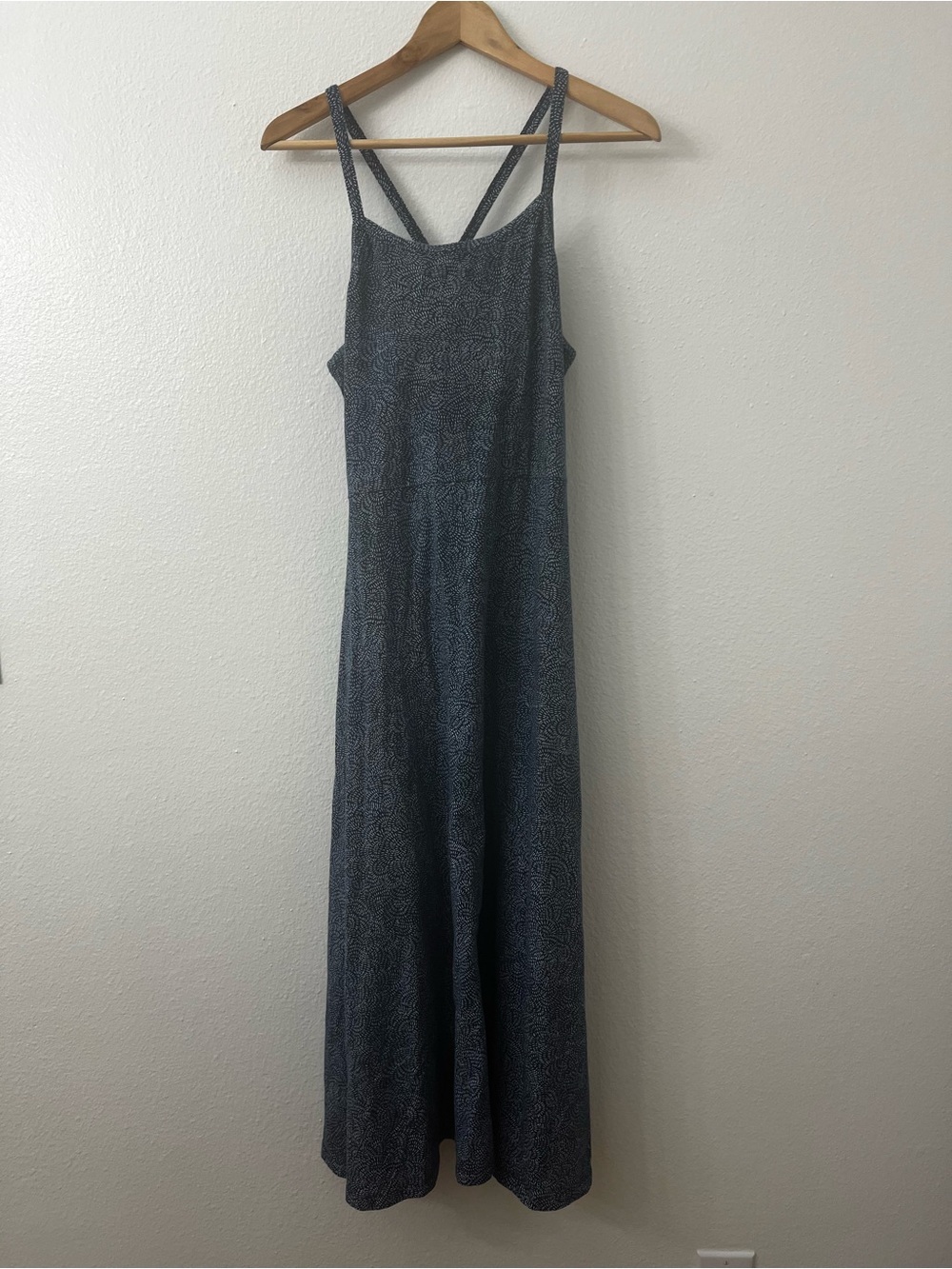 Pact Organic Cotton Fit and Flare Navy Patterned Maxi Dress with Strappy Back